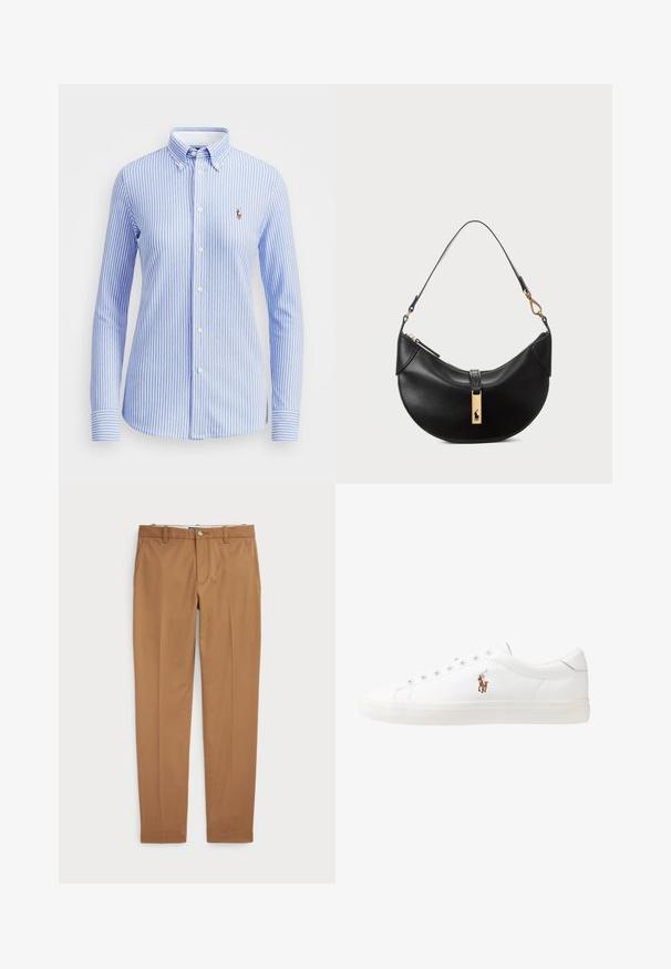 Šviesiai mėlyna ir balta dryžuota marškinė su apykakle, ilgomis rankovėmis ir mažuoju siuvinėtu logotipu kairėje krūtinės pusėje.; Rudos medvilnės kelnes su siauru siluetu, lygiu priekiu ir standartinėmis kišenėmis; sklandžios tekstūros ir apkarpytais rankogaliais.; Baltos odinės sportbačiai, žemo profilio, su lygia tekstūra, apvalia nosimi, raištelių sistema priekyje ir mažyte siuvinėta logo šone.; Juodos odos rankinė pusmėnulio forma. Papuošta auksinėmis detalėmis ir siaura juosta. Lygi tekstūra, užtrauktuko uždarymas viršuje.