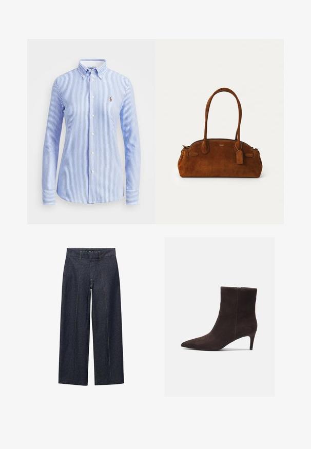 Lyseblå og hvid stribet skjorte med knapper, krave, lange ærmer og et lille broderet logo på venstre bryst.; Mørkeblå denim brede bukser med forseam og standard talje. Har orange søm og cropped længde.; Brune ruskinds ankelstøvler med spids tå og 3-tommers hæl, der har en glat tekstur og et minimalistisk design. Lynlåslukning bagpå.; Brun suedetaske med to runde hanke, gyldent hardware, et lille mærke og en glat lynlås-lukning. Har subtile syede detaljer.