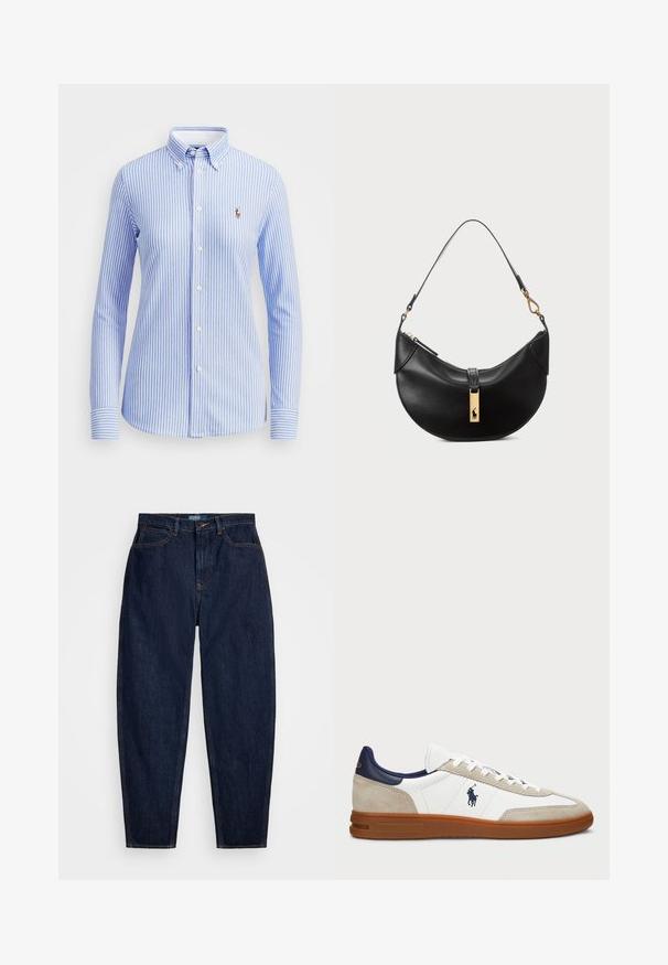 Šviesiai mėlyna ir balta dryžuota marškinė su apykakle, ilgomis rankovėmis ir mažuoju siuvinėtu logotipu kairėje krūtinės pusėje.; Tamsiai mėlynos džinsinės kelnės su tiesiu kirpimu, su oranžinėmis siūlėmis, priekyje užsegamos mygtuku ir turinčios penkias kišenes.; Balti ir smėliniai sportiniai bateliai su zomšo ir odos viršumi, tamsiai mėlynais akcentais ir rudomis guminėmis padais. Šoninėse pusėse yra logotipas ir raištelių užsegimas.; Juodos odos rankinė pusmėnulio forma. Papuošta auksinėmis detalėmis ir siaura juosta. Lygi tekstūra, užtrauktuko uždarymas viršuje.