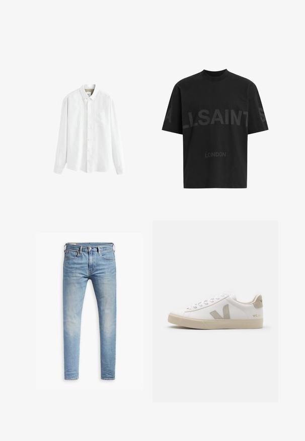 Chemise blanche à manches longues en tissu léger, dotée d'un col boutonné, d'une poche poitrine et d'une fermeture classique par boutons.; T-shirt noir surdimensionné avec le texte "ALLSAINTS" en gris foncé sur la poitrine et "LONDON" en lettres plus petites en dessous.; Jean slim bleu clair avec un léger délavage sur les cuisses, fermeture à bouton à l'avant, passants de ceinture et style à cinq poches sur fond blanc.; Baskets en cuir blanc avec des accents beiges, semelle plate en caoutchouc, bout rond et logo contrastant sur le côté et à l'arrière. Design à lacets.