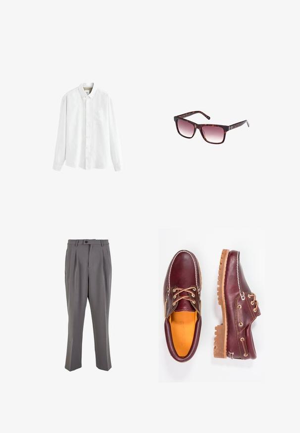 Bílé dlouhé rukávy košile z lehké látky, s límcem na knoflíky, přední kapsou a klasickým zapínáním na knoflíky.; Šedé plisé kalhoty vyrobené z hladkého materiálu, s rovnými nohavicemi, jednořadovým zapínáním na knoflík a poutky na opasek. Minimalistický design.; Burgundské kožené boty s hnědými gumovými podrážkami, kulatou špičkou, bílým prošíváním a zlatými očky. Interiér obsahuje žlutou podšívku.; Sluneční brýle s želvovinovým vzorem, obdélníkovým rámem, gradientovými skly a silnými stranami s jemným detailem loga. Hladký povrch, moderní design.