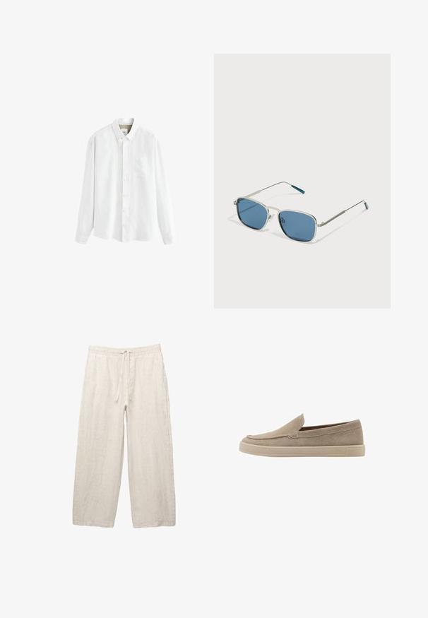 Biała koszula z długim rękawem wykonana z lekkiej tkaniny, z kołnierzykiem zapinanym na guziki, kieszenią z przodu i klasycznym zapięciem na guziki.; Lniane spodnie w jasnym beżu, z elastycznym pasem na sznurku, szerokimi nogawkami i kieszeniami po bokach. Gładka tekstura.; Beżowe zamszowe buty typu slip-on z okrągłym noskiem, niskim profilem i teksturowanym wykończeniem. Oferują subtelne detale stebnowania wzdłuż cholewki.; Okulary przeciwsłoneczne z srebrną metalową oprawką, prostokątnymi niebieskimi szkłami i cienkimi ramionami. Posiadają niebieskie akcenty na końcówkach zauszników.