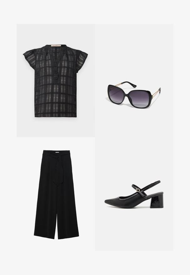 Fekete, rövid ujjú blúz V-nyakkal, gombos elejével és kockás mintával. Átlátszó anyagból készült, finom textúrával és részletezéssel.; Fekete, bő szárú nadrág, texturált anyagból, rugalmas derékpánttal és levehető sállal a derekán, amely állítható illeszkedést biztosít.; Fekete lakk bőr, pántos magassarkú cipő, hegyes orral, lekerekített kivágással és tömbsarkal. Arany színű csat díszíti.; Fekete, oversize napszemüveg fokozatos árnyalatú lencsékkel, vastag kerettel és arany színű lánc díszítéssel a szárakon.; Fekete tote táska szintetikus anyagból, egyszerű téglalap formájú dizájnnal, arany négyzet díszítésekkel és dupla fogantyúkkal.