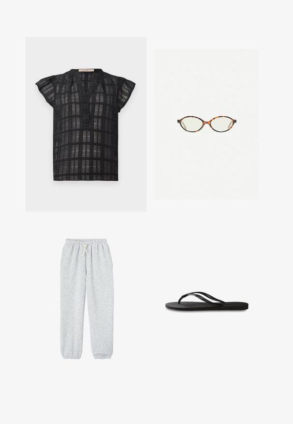 Blusa nera a maniche corte con scollo a V, davanti con bottoni e motivo a quadretti. Realizzata in materiale trasparente con texture e dettagli sottili.; Pantaloni grigi in felpa realizzati in tessuto morbido, con vita elasticizzata e cordino, e polsini elasticizzati alle caviglie.; Infradito neri con suola in gomma testurizzata, due cinghie sottili e un sottile dettaglio del logo impresso sulla cinghia.; Occhiali in tartaruga con lenti ovali e una finitura liscia e elegante. Presentano aste sottili con una leggera curva alle tempie. Lenti trasparenti.