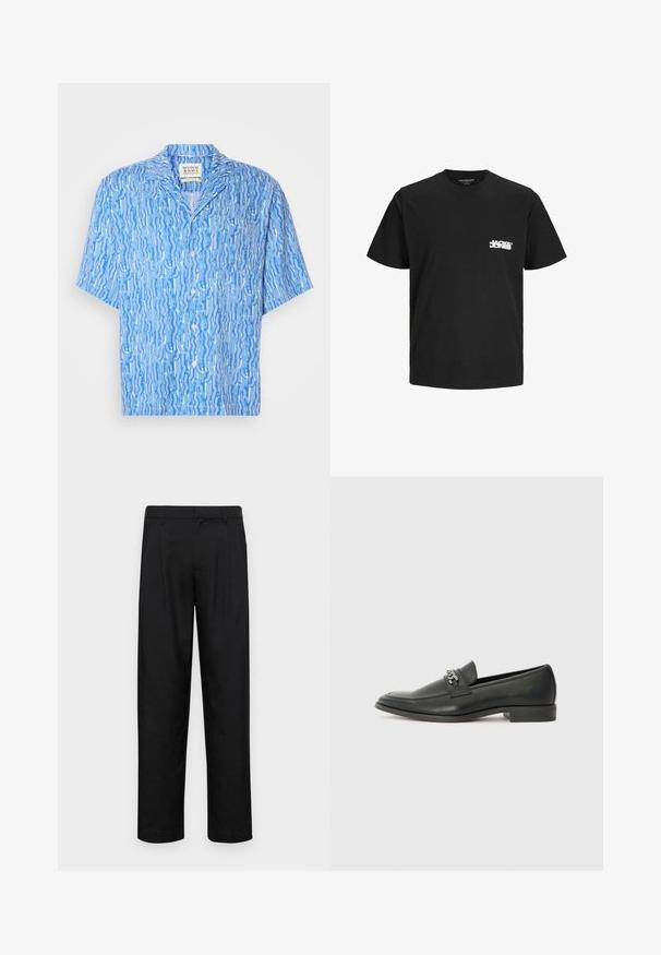 Srajca s kratkimi rokavi z gumbi v svetlo modri barvi z zavitimi belimi vzorci. Narejena iz lahkega materiala; zasnova ohlapnega ovratnika.; Črna bombažna majica s kratkimi rokavi, okroglo izrezana in sredi prsnega predela ima bel tisk s logotipom. Gladka tekstura, klasičen kroj.; Črne hlače iz gladkega materiala, s krojem ravne noge, dvema sprednjima pregiboma in standardnim pasom z zankami za pas.; Črni usnjeni loafer z gladko površino, ki ima šivano zasnovo in dekorativni kovinski verižni naglas preko vampirja. Ravno peto.