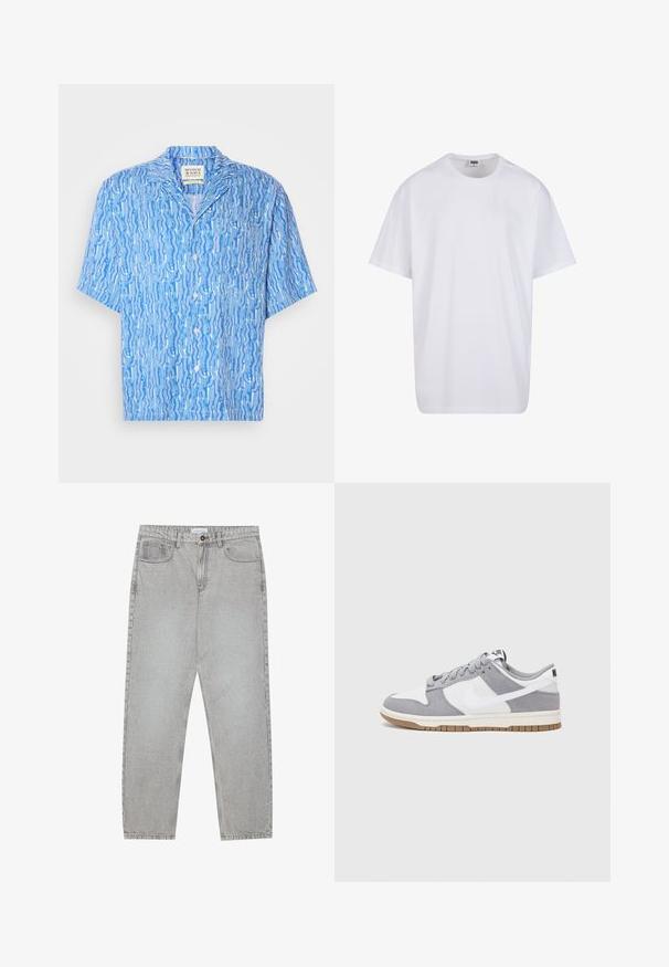 Koszula krótko-sleeve z niebieskiego materiału w jasnym odcieniu, z wirującym białym wzorem. Wykonana z lekkiego materiału; casualowy krój kołnierzyka.; Biała bawełniana koszulka z krótkimi rękawami, okrągłym dekoltem, luźnym krojem i bez widocznych logo lub wzorów. Gładka tekstura i minimalistyczny design.; Jasnoszare dżinsy o prostym kroju nogawki, z pięcioma kieszeniami i zapięciem na guzik. Widoczne szwy wzdłuż szwów.; Szare i białe trampki z zamszową i skórzaną cholewą, okrągłym noskiem, płaskimi sznurówkami i gumową podeszwą z akcentem w kolorze gumy.