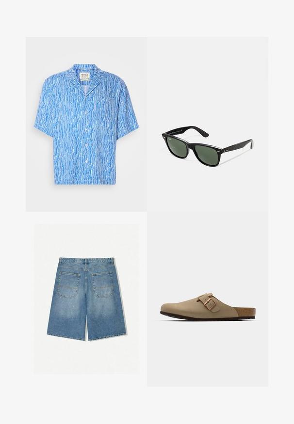 Kurzärmliges Hemd mit Knopfleiste in Hellblau mit einem wirbelnden weißen Muster. Aus leichtem Stoff gefertigt; lässiges Kragen-Design.; Drei weiss Tanktops aus Baumwolle, mit rundem Halsausschnitt und ärmellosem Design, glatter Textur und normaler Passform.; Hellblaue Jeansshorts in lockerer Passform, mit zwei Gesäßtaschen und sichtbaren Nähten. Der Stoff hat eine weiche, glatte Textur.; Beige Clogs mit einer abgerundeten Zehenpartie, verstellbarem Schnallenakzent und Korkfußbett. Strukturierte Oberfläche mit einer schwarzen Gummisohle für besseren Halt.; Schwarze Plastiksonnenbrille mit grünen Gläsern, quadratischen Rahmen, silbernem Akzent auf der Augenbraue und strukturierten Bügeln. Angegebene Marke auf dem inneren Bügel.