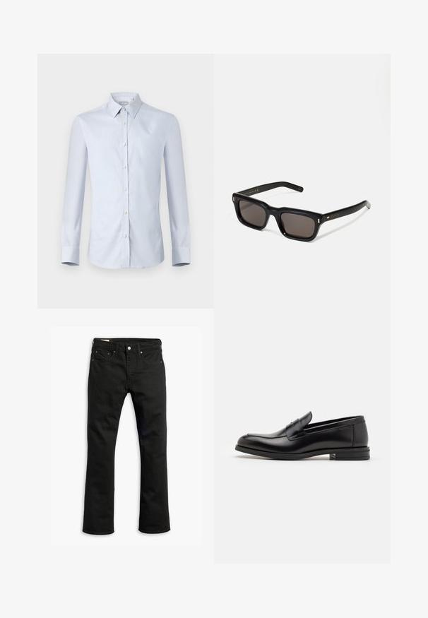 Jasnoniebieska koszula z długim rękawem i usztywnionym kołnierzykiem, z subtelnym wzorem siatki oraz białymi guzikami z przodu.; Czarne dżinsy o prostym kroju nogawki, pięcioma kieszeniami, metalowym zapięciem na guzik oraz subtelnymi detalami przeszycia. Gładka tekstura i jednorodny kolor.; Czarne skórzane mokasyny o gładkiej fakturze, zaokrąglonym nosku i dekoracyjnym pasku na przodzie. Niski, warstwowy obcas, minimalistyczny design.; Czarne prostokątne okulary przeciwsłoneczne z ciemnymi soczewkami, grubą plastikową oprawą, złotymi akcentami na zausznikach oraz wygrawerowanym logo marki na ramieniu.