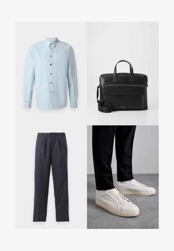 Világoskék, hosszú ujjú ing, puha anyagból készült, gombos kialakítással, színes gombokkal és hegyes gallérral.; Sötét tengerészkék nadrág, puha anyagból, plissézett elejű kialakítással és gumis derékkal. Gombos záródással és egyenes szárú szabással rendelkezik.; Világos bézs bőr sportcipő lapos fűzőkkel, texturált felülettel és kontrasztos krémszínű gumitalppal, fekete irodai nadrággal párosítva.; Fekete bőr aktatáska kettős felső fogantyúkkal, elülső zsebbel és levehető pánttal, az alján diszkrét logóval.