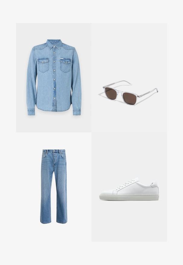 Lyseblå denimskjorte med lange ermer, spiss krage og trykknap lukking. Har to brystlommer med klaffer. Rett snitt.; Lys blå denimjeans med rett ben-design, fem lommer, knappeåpning, minimal falming og kontrasterende sømdetaljer.; Hvit sneakers med en glatt skinnoverdel og lav profil. Har en rund tå, seks snøring hull, og en teksturert gummisåle.; Klare plastikk solbriller med rektangulære brune linser, med tynne, gjennomsiktige armer og metalldetaljer på templene.