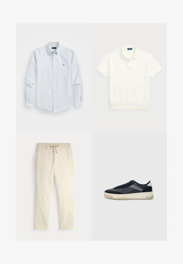 Svetlomodrá pruhovaná košeľa s dlhými rukávmi, golierom a malým červeným vyšívaným logom na hrudi. Bavlnená látka.; Polo Ralph Lauren LOOPBACK FLEECE POLO-COLLAR SWEATSHIRT - Polokošeľa - clubhouse cream; Krémové voľné nohavice s elastickým pásom a šnúrkou, rovné nohy a bočné vrecká na jednofarebnom pozadí.; BOSS BALTIMORE - Tenisky - open blue