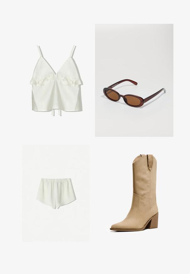Bílý lněný top s nastavitelnými ramínky a hlubokým výstřihem do V. Uvnitř má na prsou volánkové detaily, je volného střihu a má stahovací lem.; Bílé lněné kraťasy s elastickým pasem, s volným střihem a mírně zakulaceným okrajem na dolních hranách. Měkká, prodyšná textura.; Bershka HIGH-HEEL - Kovbojské/motorkářské kozačky - beige; Kulaté sluneční brýle hnědé barvy s lesklým burgundským rámem. Úzké nožičky s jemným logem. Rovné čočky.; Hnědá pletená kožená kabelka s uvolněným trojúhelníkovým tvarem. Disponuje spleteným uchem a zipovým uzavíráním na vrchu.
