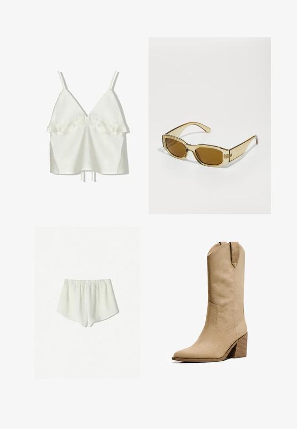Weißes Leinenoberteil mit verstellbaren Trägern und einem tiefen V-Ausschnitt. Mit Rüschendetails an der Brust, lockerem Schnitt und Kordelzugsaum.; Weiße Leinenshorts mit einem elastischen Bund, die eine lockere Passform und einen leicht abgerundeten Saum an den unteren Kanten aufweisen. Weicher, atmungsaktiver Stoff.; Bershka HIGH-HEEL - Cowboy-/Bikerboot - beige; Transparente, bernsteinfarbene Sonnenbrille mit rechteckigen Gläsern, dicken Bügeln und glänzender Oberfläche, die ein dezentes Logo an der Seite aufweist.