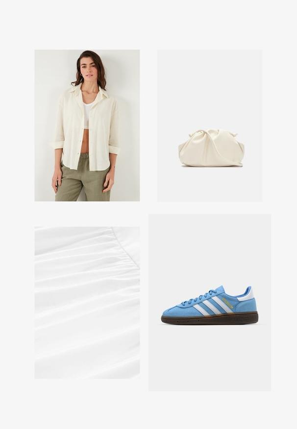 Välja skjorta i löst snitt, i krämfärgad nyans, med knäppning fram, krage och uppvikta ärmar, tillverkad av lätt, strukturerad tyg. Kombinerad med olivgröna byxor.; Valkoinen kangas, jossa on pehmeä laskeutuminen ja laskostettu rakenne, esittelee sileää, kevyttä materiaalia puhtaassa ja raikkaassa ilmeessä.; Vaaleansiniset mokkasiinit, joissa on valkoiset nahkastripit, ruskea teksturoitu pohja ja kultainen logotiedote. Matala malli, jossa on pyöreä kärki.; Kermapunah, tas faux leather lembut dengan desain berkerut, tali yang dapat disesuaikan, dan penutupan tali yang halus. Tekstur mulus dan bentuk bulat.
