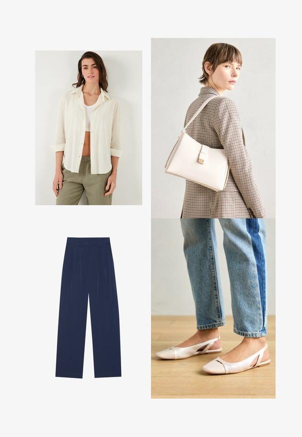 Lõdvalt istuv, koorevärviline särk nupuga ees, krae ja üleskeeratud varrukatega, valmistatud kergest tekstuuritatud kangast. Kombineeritud oliivroheliste pükstega.; Tumedat sinised laiad püksid pehmest kangast, millel on esipleekid, sile pind ja sirge lõige, ilma nähtavate taskuteta.; Kahvatu roosa slingback lapikute jalatsite paar, millel on terav varvas, valmistatud siledast nahataolisest materjalist. Omab külgedel lõikekohti ja lapikut kontsa.; Valge nahast käekott struktureeritud disainiga, millel on magnetlukk ja õlavarre rihm, esitletud neutraalse tausta ees.