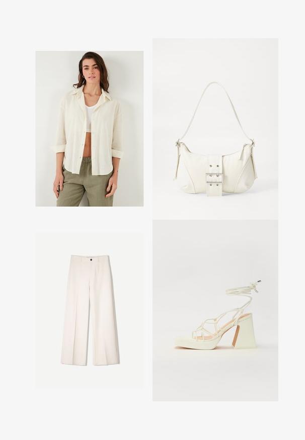 Losse, crèmekleurige shirt met knopen, kraag en opgerolde mouwen, gemaakt van lichte, geweven stof. Gecombineerd met olijfgroene broek.; Crème brede broek met een tailored ontwerp, voorzien van twee voorzakken en een enkele sluiting met een knop aan de voorkant, gemaakt van een gladde stof.; Witte hoge hakken sandaal met een chunky hak, met een bandjesontwerp en enkelband. Gladde textuur met een plateau voor extra hoogte.; Witte schoudertas met een gestructureerde afwerking, een centrale gesp accent, en een gebogen vorm. Ritssluitingen aan beide zijkanten.