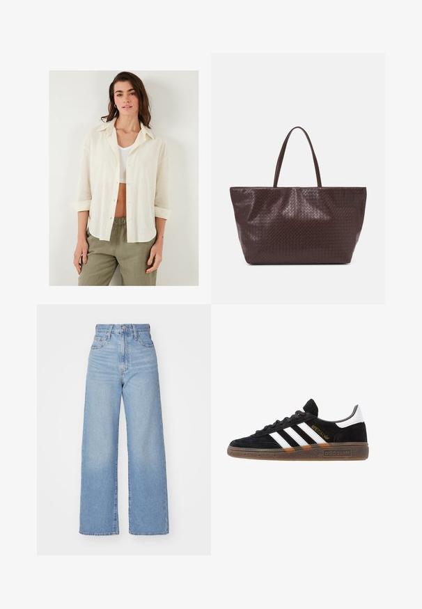 Losse, crèmekleurige shirt met knopen, kraag en opgerolde mouwen, gemaakt van lichte, geweven stof. Gecombineerd met olijfgroene broek.; Lichtblauwe high-waist wijde jeans met een knoop- en ritssluiting aan de voorkant, voor- en achterzakken, op een witte achtergrond.; Zwarte Adidas sneaker met witte strepen, gouden "Spezial" tekst, gumzool en witte hieltab, weergegeven in zijaanzicht.; Bruine gevlochten leren tote bag met twee handvatten, een gestructureerde vorm en een getextureerd oppervlak, met een diamantpatroon overal.