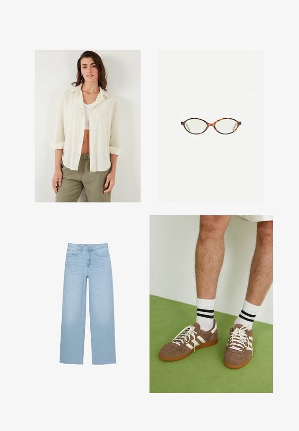 Prozračna, kremasto bijela košulja sa kopčom sprijeda, ovratnikom i dugmadi na rukavima, izrađena od lagane, teksturirane tkanine. Uparena s maslinastim hlačama.; Svijetloplave traperice širokih nogavica, visokog struka, ravnog kroja, s pet džepova i čistem rubom.; Smeđe nubuk tenisice s bijelim detaljima i vezicama. Gumeni potplat. Nosene s bijelim čarapama s crnim prugama. Zeleno teksturirano pod.; Naočale u boji kornjače s ovalnim staklima i elegantnim, glatkim završetkom. Imaju tanke strane s suptilnom krivuljom na sljepoočnicama. Prozirna stakla.; Zign LEATHER - Velika torba - light brown