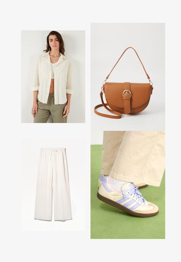 Volnější krémová košile s knoflíkovým zapínáním, límcem a vyhrnutými rukávy, vyrobená z lehké texturované látky. V kombinaci s olivovými kalhotami.; Bílé široké kalhoty vyrobené z lehkého materiálu, s elastickým pasem, tkaničkou a bočními kapsami, bez viditelných vzorů.; Krémové a levandulové tenisky se třemi pruhy a texturovanou hnědou podrážkou, vybavené tkaničkami a polstrovanou patou. Měkký textilní svršek.; Hnědá kožená křížová taška s zakřiveným tvarem, zlatými detaily a akcentem s přezkou. Obsahuje odnímatelný popruh na rameno.