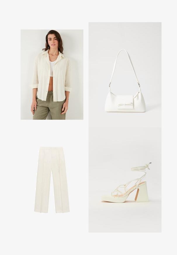 Loose-fitting, cream-colored shirt with a button front, collar, and rolled-up sleeves, made of lightweight, textured fabric. Paired with olive pants.; Wide-legged trousers in a light cream color. Made from a smooth fabric with pleats at the front and side pockets.; White high-heeled sandal with a chunky heel, featuring a strappy design and ankle tie. Smooth texture with a platform front for added height.; White synthetic handbag with a triangular shape, flat front flap and bow detail, adjustable strap, smooth texture, and minimalistic design.