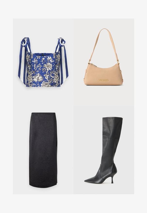 Top corto floral azul con flores detalladas en blanco y negro, que presenta tirantes anchos en azul y blanco a rayas.; Falda midi negra con textura arrugada, corte recto y abertura en el lateral. El material parece ligero. El dobladillo es ligeramente redondeado.; Botas de cuero negro hasta la rodilla con punta afilada y tacón de aguja delgado. Textura suave con un diseño ajustado y costuras en el borde superior.; Bolso de piel beige con cremallera dorada y letras doradas "LOVE MOSCHINO", que cuenta con una única correa para el hombro y un borde superior curvado.