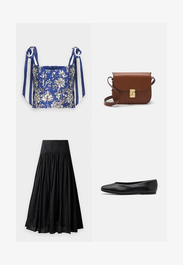 Top corto floreale blu con fiori dettagliati in bianco e nero, dotato di larghe spalline a righe blu e bianche.; Gonna maxi nera in cotone con vita ricamata. Presenta tessuto arricciato e dettagli di occhiello lungo l'orlo.; Paul Smith TOPANGA - Ballerine - black; Borsa a tracolla in pelle marrone con chiusura a pattina, hardware color oro, tracolla e una finitura liscia. Forma rettangolare compatta.