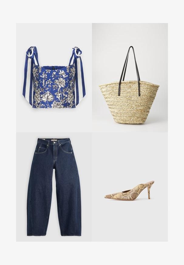 Modrý květinový crop top s bílými a černými květy, s širokými ramínky v modro-bílých pruzích.; Bílý bavlněný tričko s grafikou kovbojských bot a klobouku. Boty jsou modré s žlutými akcenty a bílými detaily.; Tmavě modré džíny z denimu s volným střihem, světlým prošíváním, pěti kapsami a knoflíkovým zapínáním v pase.; Sandy podpatky s špičatou špičkou v texturovaném hadím vzoru v béžových a hnědých tónech; mají jehlový podpatek a vykrojené strany.; Tkaná slámová taška s širokým, zúženým tvarem, se dvěma černými koženými uchy. Přírodní béžová barva s texturovaným povrchem.