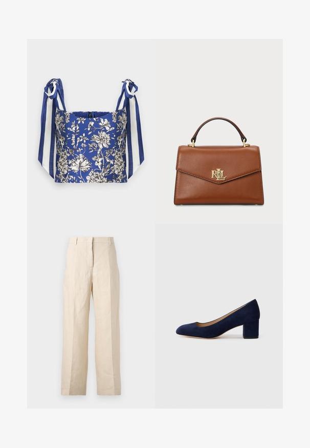 Modra cvetlična kratka majica z belimi in črnimi detajli cvetov, z širokimi naramnicami v modro-belem prugastem vzorcu.; Bež lanene hlače z ohlapnim krojem, z gubami spredaj in ravnimi nogami. Imajo pas z zankami za pas in brez vidnih žepov.; Temno modri nubuk čevlji s koničastim nosom in srednje visokim blokom. Gladka tekstura z diskretnim sijajem in majhnim izrezom spredaj.; Rjava usnjena torbica z oblikovano zasnovo, zgornjim ročajem, zlatimi dodatki in logotipom na sprednji strani. Gladka tekstura.