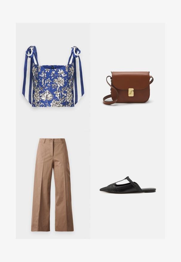 Top scurt floral albastru cu flori detaliate în alb și negru, având bretele late pentru umeri cu dungi albastre și albe.; Pantaloni largi de culoare maronie, confecționați dintr-un material neted, având o închidere cu nasture în față, două buzunare frontale și linii curate, croite.; Pantofii din piele neagră cu curea la spate au vârful ascuțit, prezentând un accent țesut și un design superior pliat. Talpa joasă cu hardware minim.; Geantă de piele maro cu închidere tip capac, accesorii de culoare aurie, curea de umăr și o textură netedă. Formă compactă și rectangulară.