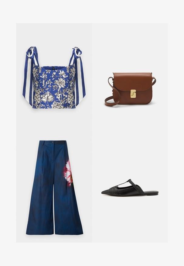 Modrý kvetinový crop top s bielymi a čiernymi detailmi kvetov, s širokými ramennými viazaniami v modro-bielych prúžkoch.; Široké nohavice z tmavomodrej látky, s kvetinovým vzorom v ružovej a žltej na jednej strane, so zapínaním na gombík v páse.; Čierne kožené sandále so špičatou špičkou, ktoré majú tkaný detail a zborený dizajn vrchnej časti. Plochá podrážka s minimálnym hardvérom.; Hnedá kožená kabelka s klopou, zlatými kovovými prvkami, ramenným popruhom a hladkým povrchom. Kompaktný obdĺžnikový tvar.