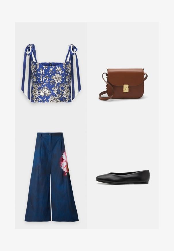 Top curto floral azul com flores detalhadas em branco e preto, apresentando alças largas nos Ombros em listras azuis e brancas.; Calças largas em tecido azul-marinho escuro, com um padrão floral em rosa e amarelo de um lado, e fecho de botão na cintura.; Paul Smith TOPANGA - Sabrinas - black; Bolsa de couro castanho com fecho de aba, decoração em tom dourado, alça de ombro e textura suave. Formato retangular compacto.