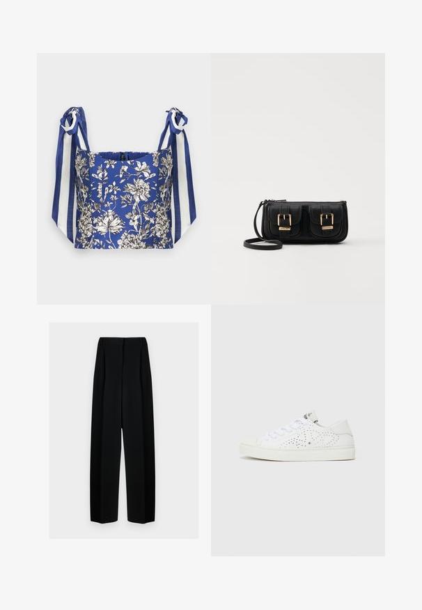 Modrý kvetinový crop top s bielymi a čiernymi detailmi kvetov, s širokými ramennými viazaniami v modro-bielych prúžkoch.; Čierne široké nohavice s vysokým pásom, so skladmi a hladkou textúrou. Tkanina vyzerá ľahko a elegantne sa drapuje.; Biele nízke tenisky s perforovaným dizajnom, plochými šnúrkami a textúrovanou gumovou podrážkou. Vyznačujú sa minimalistickým štýlom a jemným povrchom.; Čierna kožená crossbody taška s dvoma prednými vreckami, zlatými sponami, zipsovým uzatváraním a úzkym popruhom. Štruktúrovaný povrch a kompaktný obdĺžnikový tvar.
