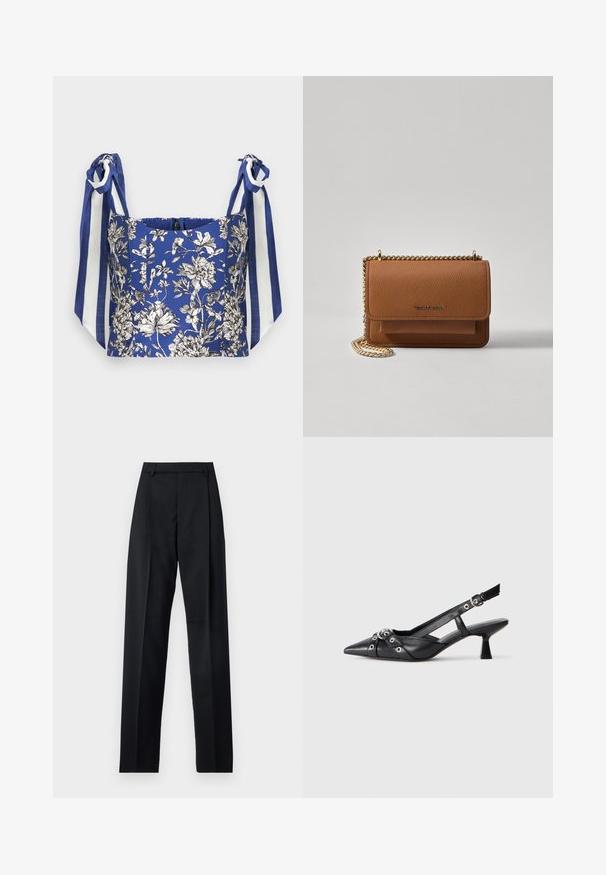 Kék virágmintás cropped top fehér és fekete részletes virágokkal, széles vállpántokkal kék és fehér csíkos kivitelben.; Fekete nadrág sima anyagból, magas derékkal, széles lábakkal, elülső redőkkel és klasszikus övhurkokkal. Oldalzsebek nem láthatók.; Fekete bőr slingback cipő hegyes orral, dekoratív pántokkal, fém szemekkel és alacsony blokk sarkú. Texturált felület.; Barna textúrájú bőr keresztbody táska arany lánc pánttal és fedélzárral. Az elején logó részlet és egy zseb található a fedél alatt.