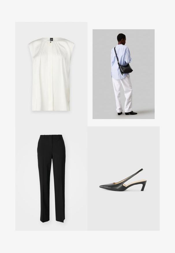 Hvit ermeløs topp med rund hals, subtile folder og sentral knappelukking. Laget av glatt og lett materiale.; Sorte skreddersydde bukser med rett silhuett, med en glatt tekstur og klare pressede bretter foran. Ingen synlig maskinvare.; Svart spiss tå slingback-sko med lav hæl, laget av jevnt skinnmateriale og med utskåret design på siden for pusteevne.; Svart lær skulderveske med en myk tekstur, trekantet form og justerbar stropp, kombinert med en lyseblå stripete skjorte og hvite bukser.