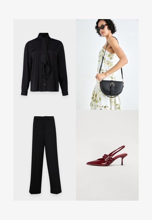 Black long-sleeve blouse with a tie collar, featuring a subtle striped texture and button-down front. Tailored fit with cuffed sleeves.; Black wide-leg trousers made of smooth fabric, featuring a classic waistband with a button closure and front pleats.; Red patent leather slingback heels with a pointed toe, two buckle straps, and a slim, mid-height stiletto heel. Smooth texture.; Black leather handbag with a curved shape, detachable strap, and gold hardware. The bag features a flap with a buckle detail.