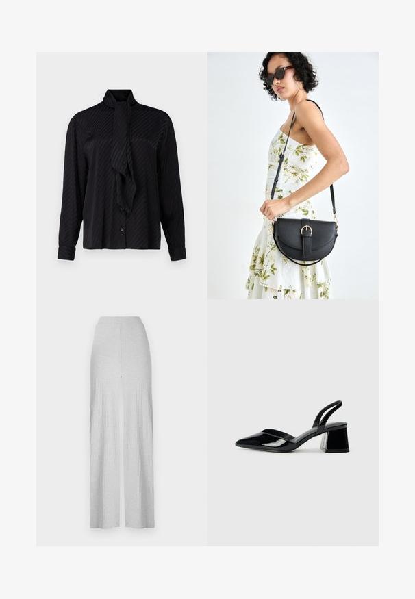 Czarna, długos rękawowa bluzka z wiązanym kołnierzykiem, z delikatną teksturą w paski i zapinaniem na guziki z przodu. Dopasowany krój z mankietami.; Jasnoszare, żeberkowane spodnie wide-leg z wysokim stanem i rozcięciem z przodu. Wykonane z miękkiego materiału o gładkiej fakturze.; Czarne lakierowane półbuty na obcasie z wydłużonym noskiem i geometrycznym słupkiem. Charakteryzują się eleganckim, minimalistycznym designem oraz gładką fakturą.; Czarna skórzana torebka o zakrzywionym kształcie, z odpinanym paskiem i złotymi akcentami. Torebka posiada klapę z zapięciem w kształcie klamry.