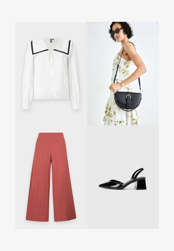 Weißes Langarmbluse mit großem Matrosenkragen, der mit navyblauen Besätzen verziert ist, verstellbare Krawatte am Hals und gerafften Ärmeln.; Hose mit weitem Bein in Rostfarbe, aus strukturiertem Stoff mit vertikaler Rippung gefertigt. Verfügt über einen hohen, elastischen Bund.; Schwarze Lackleder-Slingback-High Heels mit spitzem Schuh und einem geometrischen Blockabsatz. Verfügt über ein schlankes, minimalistisches Design und eine glatte Textur.; Schwarze Lederhandtasche mit geschwungener Form, abnehmbarem Tragegurt und goldenen Beschlägen. Die Tasche verfügt über einen Deckel mit einer Schnallen-Details.
