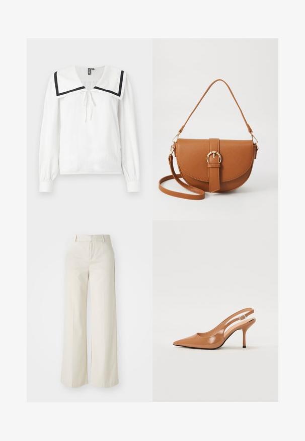 Fehér, hosszúujjú blúz nagy tengerészkollárral, tengerészkék díszítéssel, állítható nyakkendővel és ráncolt ujjal.; Világos bézs színű, széles lábú nadrág, sima anyagból készült. Klasszikus derékrésszel és lapos elülső résszel, letisztult vonalakkal rendelkezik.; Fingerszűk, hegyes orrú, háttámlás sarokcipő sima, fényes barnás anyagból. Íves kivágású dizájn és karcsú stiletto sarkú. Ezüst csattal ellátva.; Barna bőr keresztbody táska ívelt formával, aranyszínű fémrészekkel és csat díszítéssel. Levehető vállpánttal rendelkezik.