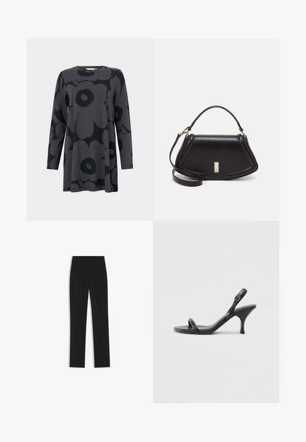 Long-sleeve tunic in dark gray jersey fabric, featuring a large black floral pattern. Round neckline and relaxed A-line silhouette.; Black tailored trousers with a straight-leg design, featuring front pockets and a smooth, textured fabric. Neat, minimal detailing.; Black leather high-heeled sandals with a slim, curved heel and a crossed strap design. Adjustable ankle strap. Smooth texture.; Black leather handbag with a structured design, featuring a cropped shape, top handle, and gold hardware accent. Adjustable shoulder strap included.