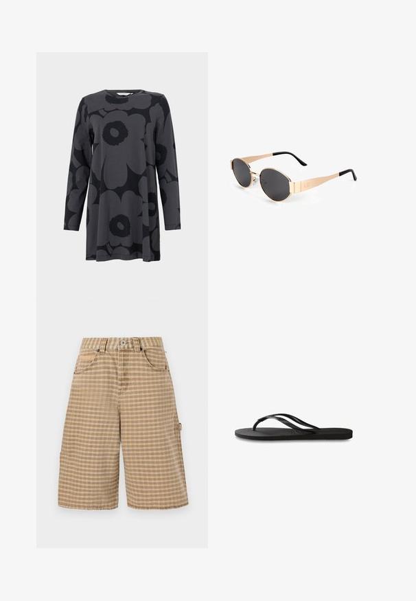 Hosszú ujjú tunika sötétszürke jersey anyagból, nagy fekete virágmintával. Kerek nyakkivágás és laza A-vonalú sziluett.; BDG Urban Outfitters CHECK NICOLA JORT - Rövidnadrágok - beige; Fekete papucs texturált gumitalppal, két vékony pánttal és finom, domború logóval a pánton.; Arany színű ovális napszemüveg sötét lencsékkel, karcsú dizájnnal, vékony szárakkal és fekete akcentussal a templomnál. Modell száma: L37.