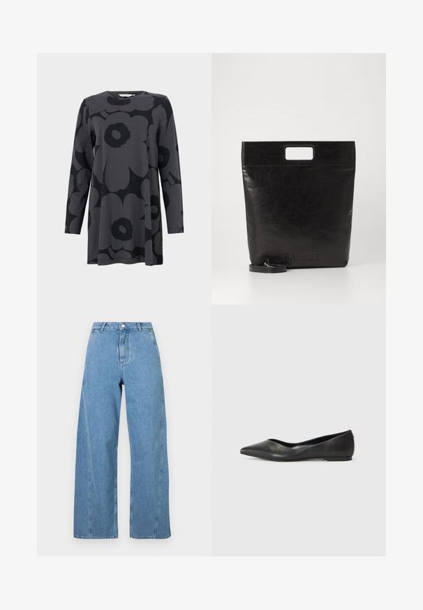 Langärmlige Tunika aus dunkelgrauem Jersey-Stoff, mit großem schwarzen Blumenmuster. Runder Ausschnitt und entspannte A-Linien-Silhouette.; Helle blaue weit geschnittene Jeans aus Denim, mit hoher Taille, geradem Schnitt und kontrastierenden Nähten entlang der Nähte.; Schwarze Leder-Ballerinas mit spitzem Zehenbereich, niedrigem Absatz und glatter Textur. Minimalistisches Design mit einem dezenten seitlichen Akzent.; Schwarze Leder-Tote-Tasche mit einem quadratischen Griff, ausgestattet mit einer strukturierten Oberfläche und geprägtem Logo. Inklusive abnehmbarem Tragegurt.