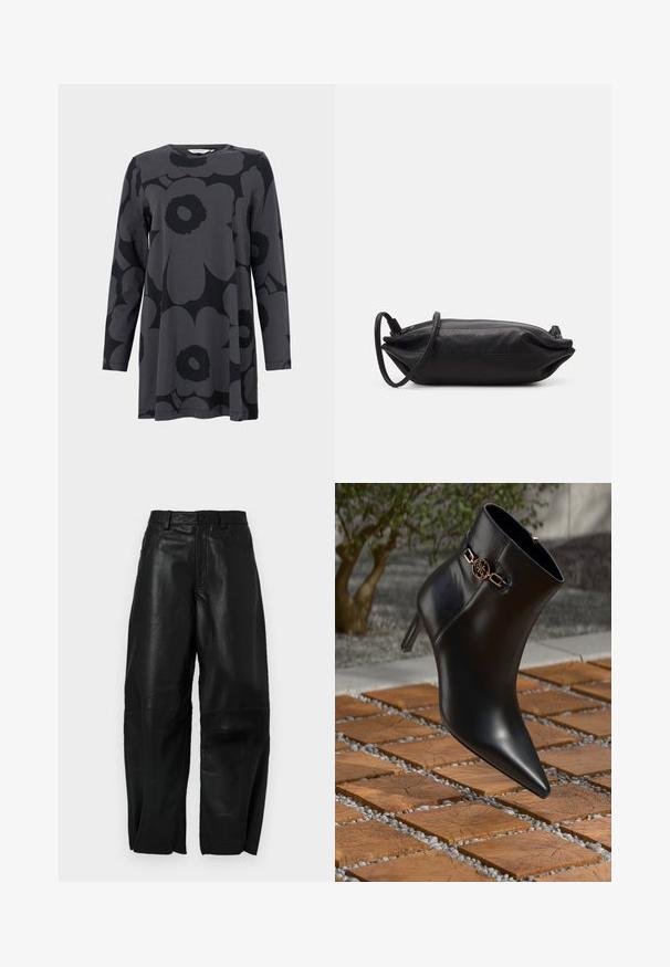 Langsleeve tuniek in donkergrijze jersey stof, met een groot zwart bloemenpatroon. Ronde halslijn en een comfortabele A-lijnsilhouet.; Zwarte leren broek met een ruime pasvorm, voorzien van een rechte pijpdesign, voorzakken en zichtbare stikdetails.; Zwarte leren enkellaars met spitse neus en een kleine hak. Bevat een gouden kettingaccent bij de enkel. Omringd door een gestructureerd stenen oppervlak.; Zwarte leren clutch met een rechthoekige vorm, gladde textuur, dunne schouderband en minimalistisch ontwerp.