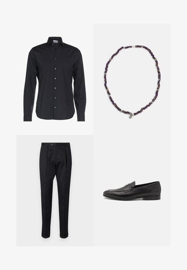 Zwarte langemouwen shirt van gladde stof. Beschikt over een button-down kraag, een knoopsluiting aan de voorkant en een subtiel logo op de borst.; Zwarte broek gemaakt van een gladde stof, met een plooi aan de voorkant, een knopen sluiting en opgerolde manchetten bij de enkels.; Zwarte leren herenloafers met een lage hak en een klassiek pennystrap-ontwerp, getoond in zijaanzicht op een witte achtergrond.; Multikleurige kralenketting met donkerblauwe, rode en gele kralen, afgewisseld met zilveren accenten en een hangende charme.