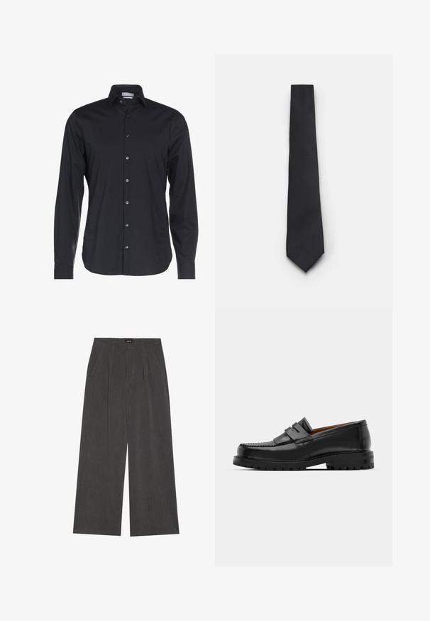 Mustat pitkähihaiset paita, joka on valmistettu sileästä kankaasta. Varustettu napillisella kauluksella, etupainikkeilla ja hienovaraisella logolla rinnassa.; Rento-hameet tummanharmaasta kankaasta, jossa on pleidatut etuosat, kaksi sivutaskua ja litteä vyötärö. Sujuva rakenne ja räätälöity muotoilu.; Mustat nahka loafit sisältävät kohoavan sauman, kaksi koristeellista nauhaa yläosassa ja paksun teksturoidun pohjan parempaa pitoa varten.; Kapea musta solmio, jossa on teksturoitu, vino uritettu kuvio. Varustettu terävän kärjen ja sileän pinnan kanssa. Sopii juhlavaan pukeutumiseen.