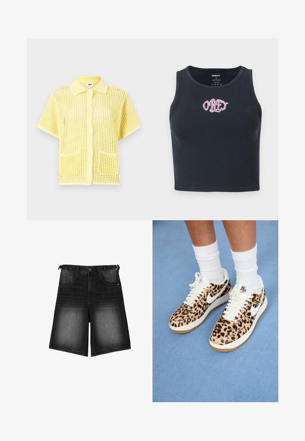 Korte mouwen, gele mesh knopenhemd met kraag, met twee frontzakken en een losse pasvorm. Geweven patroon door het hele shirt.; Zwarte geribbelde crop top van katoen met een ronde hals en een roze geborduurde "OBEY" logo op de borst.; Zwarte denim shorts met een verwassen afwerking, vijf zakken, een knoopsluiting en riemlussen. De stof heeft een gladde textuur.; Nike Air Force 1 sneakers met luipaardprint, witte veters en swoosh, met een tan rubberen buitenzool en een gestructureerde bovenkant. Witte crew-sokken zichtbaar.