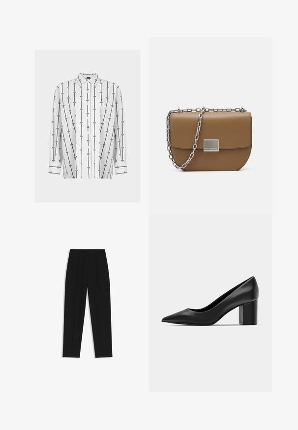White button-up shirt featuring black vertical lines and geometric patterns. Long sleeves with black accents at cuffs. Smooth fabric texture.; Black trousers with a straight fit, featuring double pleats, a smooth texture, and a classic waistband design. No visible hardware or accents.; Black leather pump with a pointed toe and a chunky square heel. Smooth texture, simple design, suitable for formal settings.; Brown leather crossbody bag with a curved shape, silver chain strap, and a square metallic clasp detail on the front.