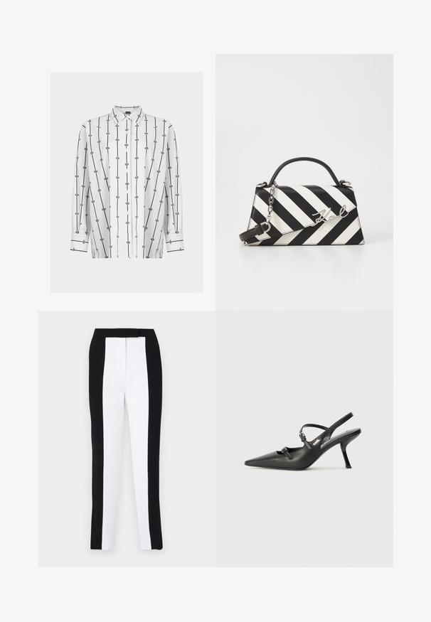 White button-up shirt featuring black vertical lines and geometric patterns. Long sleeves with black accents at cuffs. Smooth fabric texture.; Black and white tapered trousers featuring a slim fit with contrasting panels. Fabric has a smooth texture; waistband is flat and fitted.; Black leather slingback heels with a pointed toe, slender heel, and decorative buckle detail on the vamp. Smooth texture and sleek design.; Black and white striped handbag with a structured shape, featuring a top handle, a detachable chain strap, and metallic logo accent.