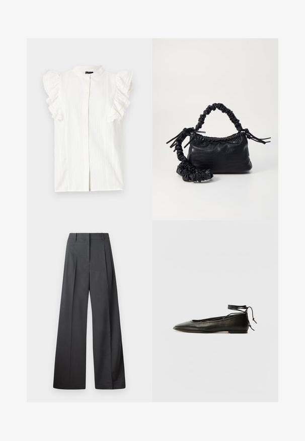 Hvit kortermet bluse med volanger, knappelukking foran, og subtile vertikale striper. Laget av lett stoff.; Vide bukser i mørkegrått stoff med høy livlinje, enkel press, og en glatt tekstur med en ren finish på ermekantene.; Svarte lær balletflater med spiss tå, ankelbånd og flat såle, som har en glatt tekstur og minimalistisk design.; Svart faux skinn-håndveske med krokodilletekstur, strammet topp og en rynket stropp. Ser myk og kompakt ut i designen.