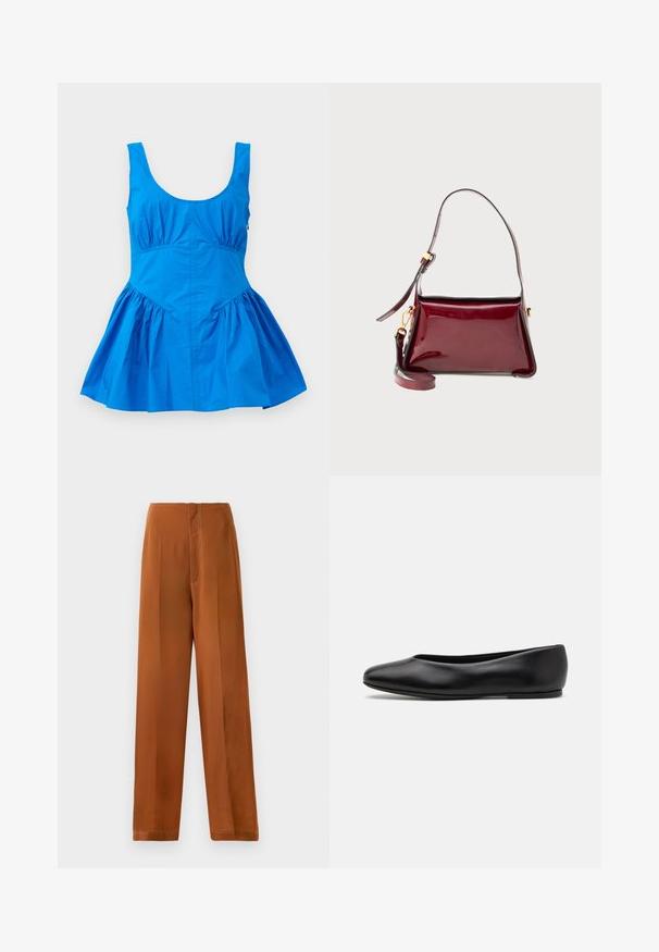 Abito blu senza maniche con scollatura a barchetta e dettagli arricciati in vita, caratterizzato da una gonna a campana e un tessuto leggero e liscio.; Polo a maniche corte color crema con righe nere. Caratterizzato da una chiusura con bottoni, una texture lavorata a maglia e un design traforato per la ventilazione.; Pantaloni a gamba larga di un caldo colore marrone, con una texture liscia, vita alta e cuciture bianche in contrasto lungo le cuciture.; Paul Smith TOPANGA - Ballerine - black; Borsa in pelle lucida bordeaux con un design strutturato, chiusura con zip superiore e tracolla removibile. Accenti in metallo dorato.