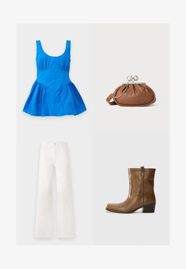 Abito blu senza maniche con scollatura a barchetta e dettagli arricciati in vita, caratterizzato da una gonna a campana e un tessuto leggero e liscio.; Jeans bianchi a vita alta e gamba larga realizzati in denim. Presentano una chiusura con bottone, due tasche anteriori e cuciture decorative nei lati.; Stivale alla caviglia in pelle marrone con punta quadrata, finitura testurizzata e tacco basso incassato. Dotato di un pratico tassello posteriore e dettagli di cucitura sottili.; Pochette in pelle marrone con chiusura a sfera argentata e un piccolo dettaglio a catena argento su sfondo bianco.